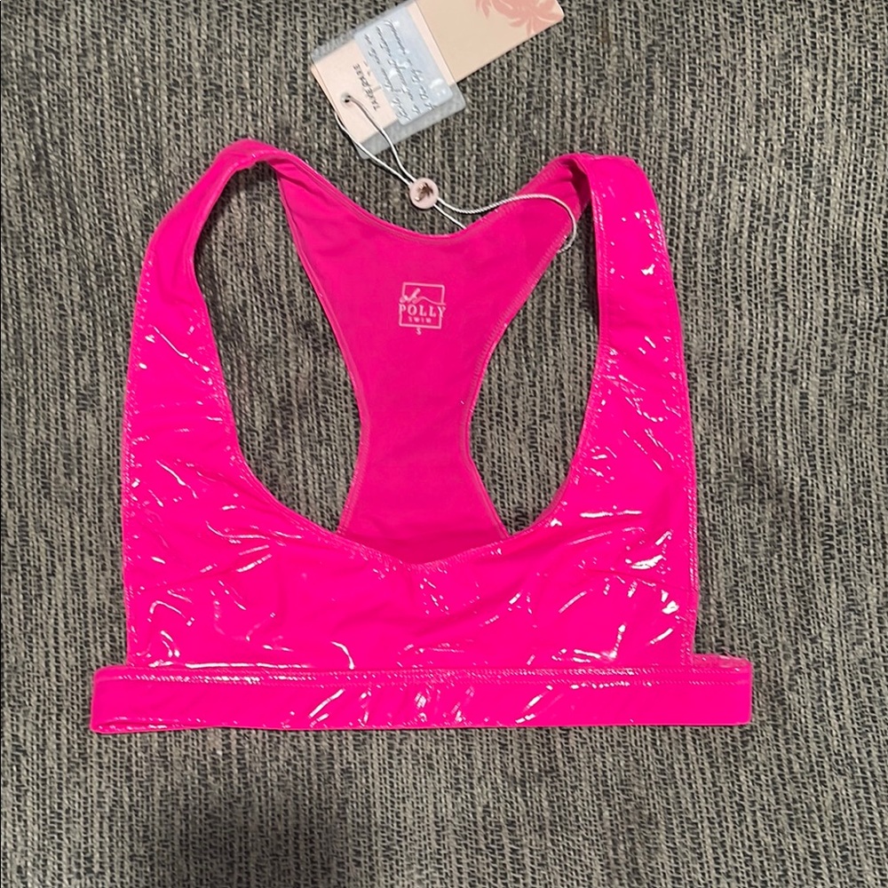 Oh Polly Swim Vinyl Hot Pink Bikini Top Small‎ NWT neon beach pool vacation